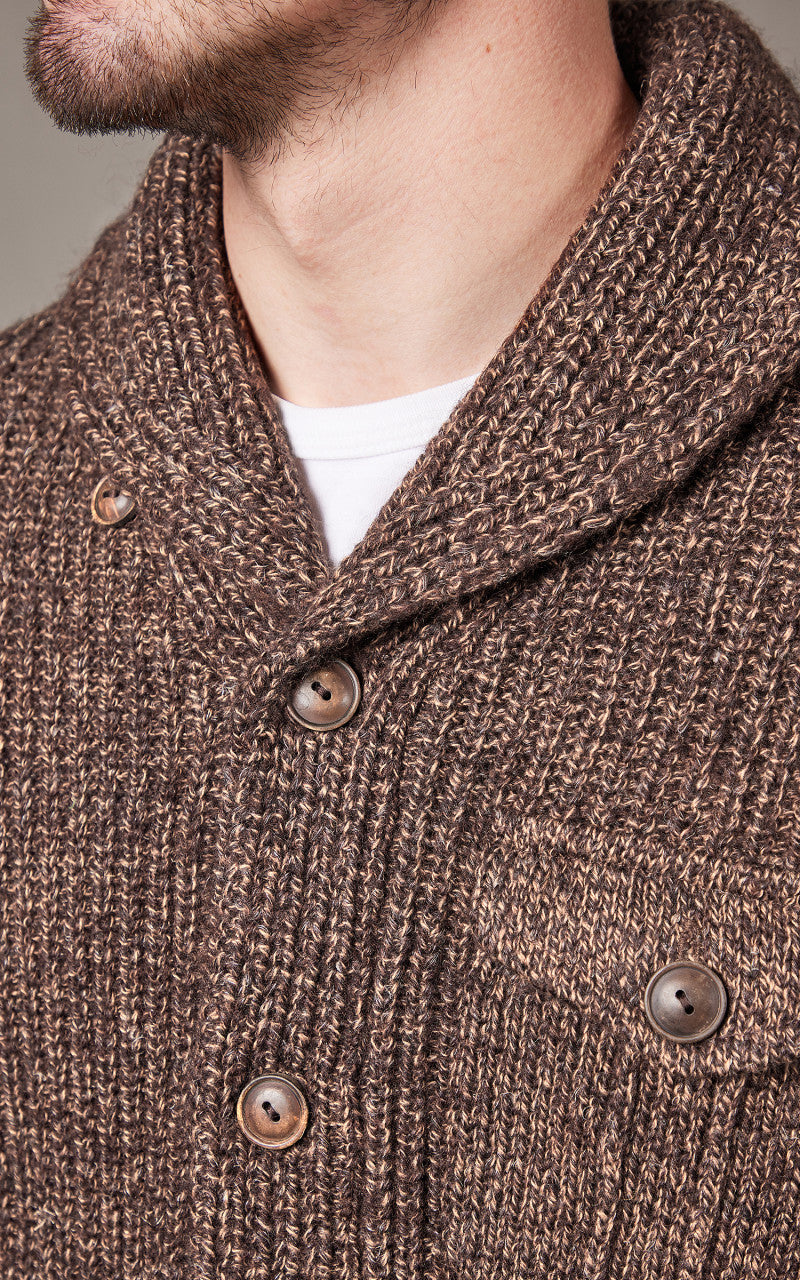 RRL Suede-Trim Marled Shawl Cardigan Brown Tan Marl