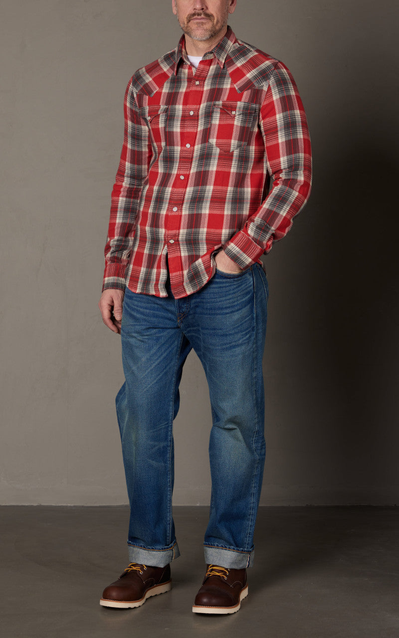 RRL Slim Fit Plaid Twill Western Shirt Red/Grey