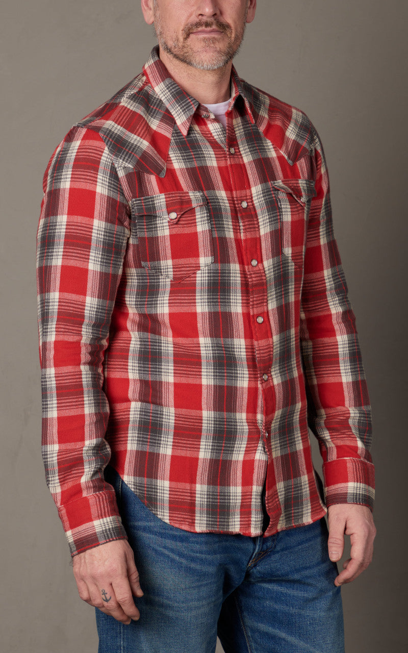 RRL Slim Fit Plaid Twill Western Shirt Red/Grey