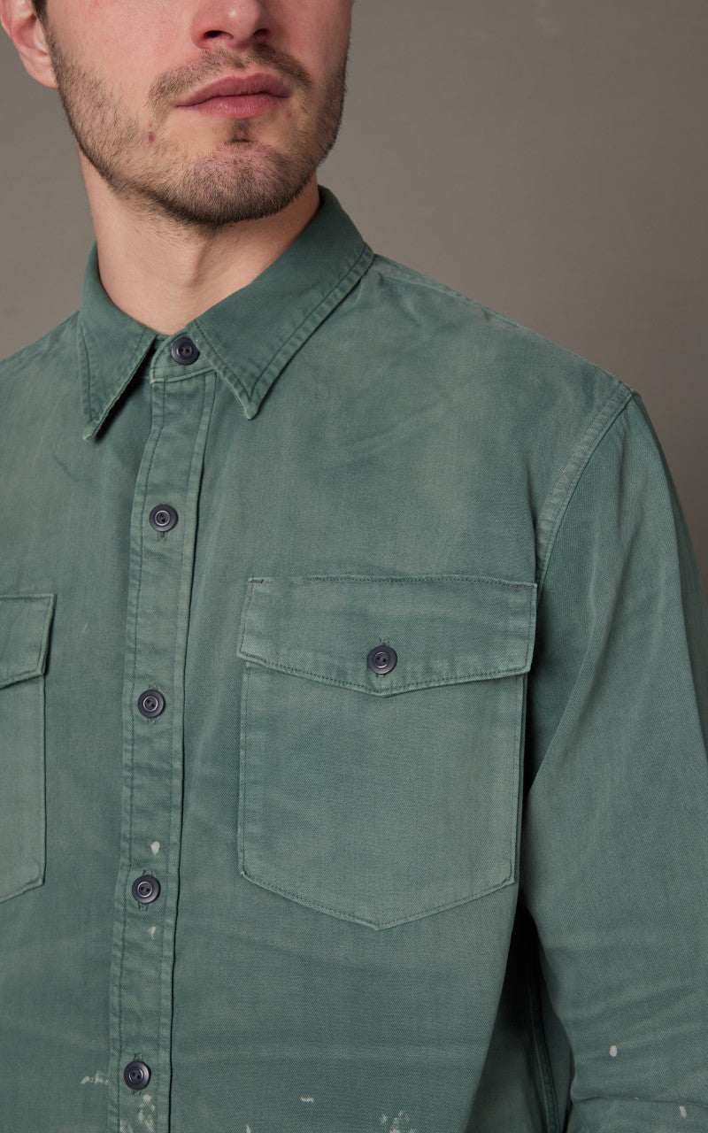 RRL Distressed Twill Workshirt Service Green