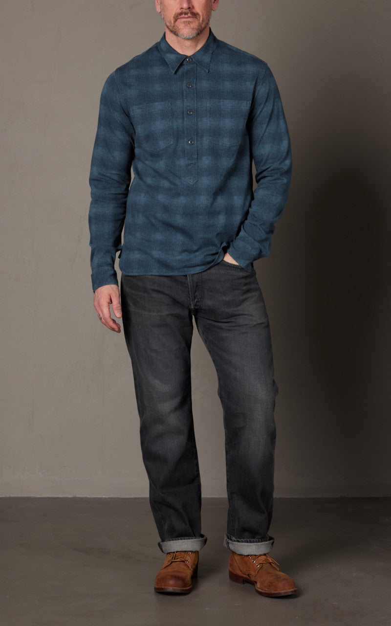 RRL Plaid-Print Jersey Popover Workshirt Navy/Blue