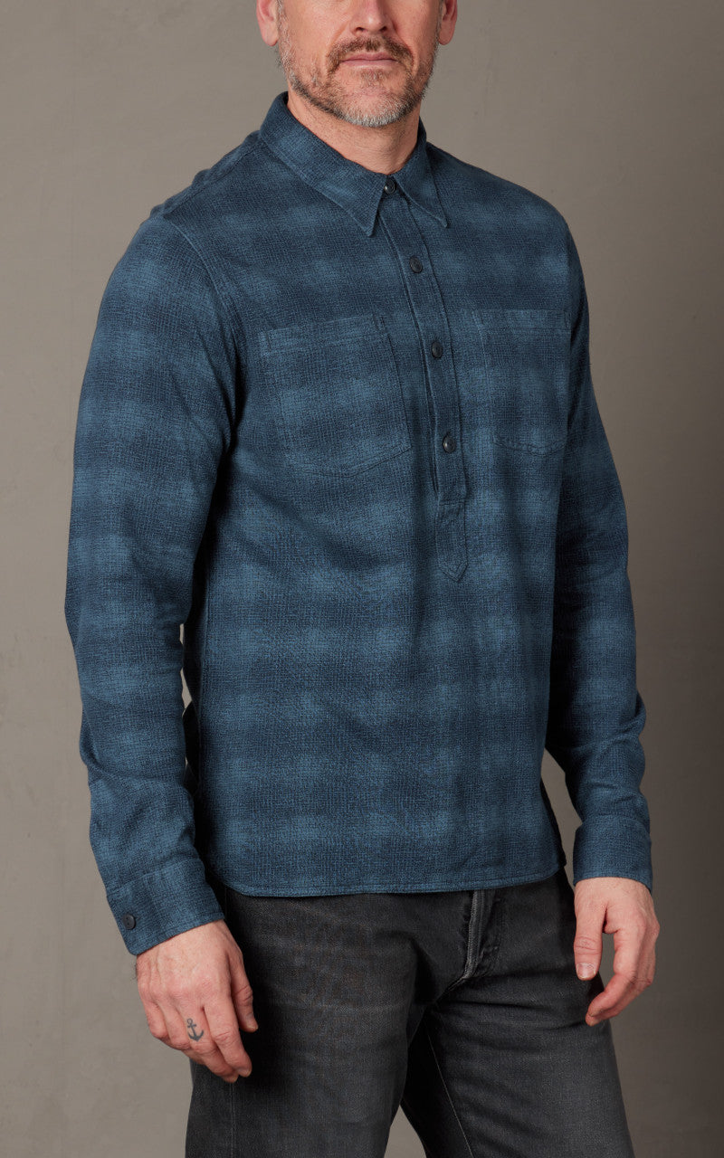 RRL Plaid-Print Jersey Popover Workshirt Navy/Blue