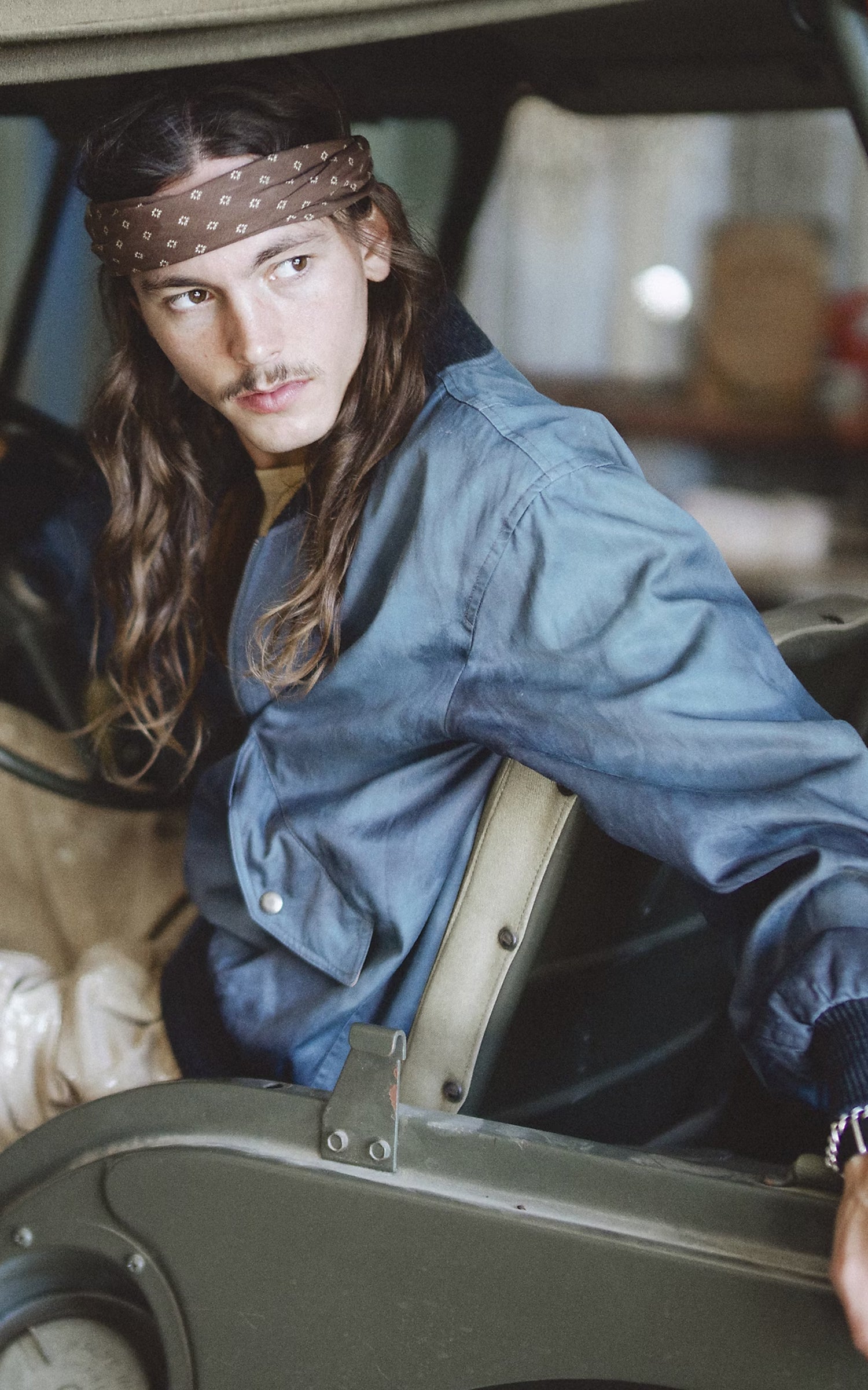 RRL Embroidered Satin Flight Jacket Vintage Blue