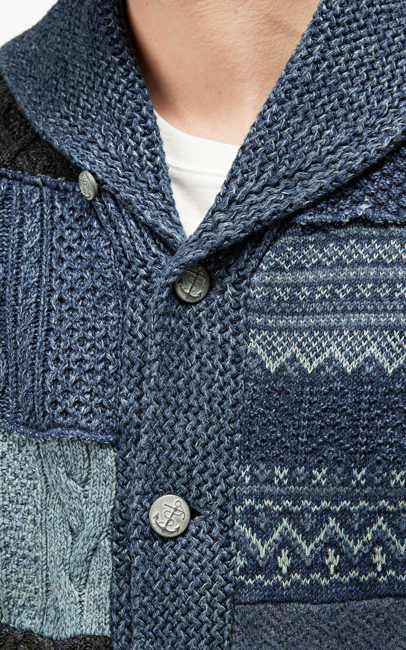 RRL Patchwork Shawl Collar Cardigan Indigo Blue