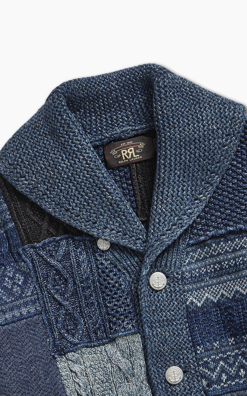 トップス RRL NDIGO ARANKNIT SHAWL COLLAR CARDIGAN RRL Patchwork Shawl Collar Cardigan Indigo Blue