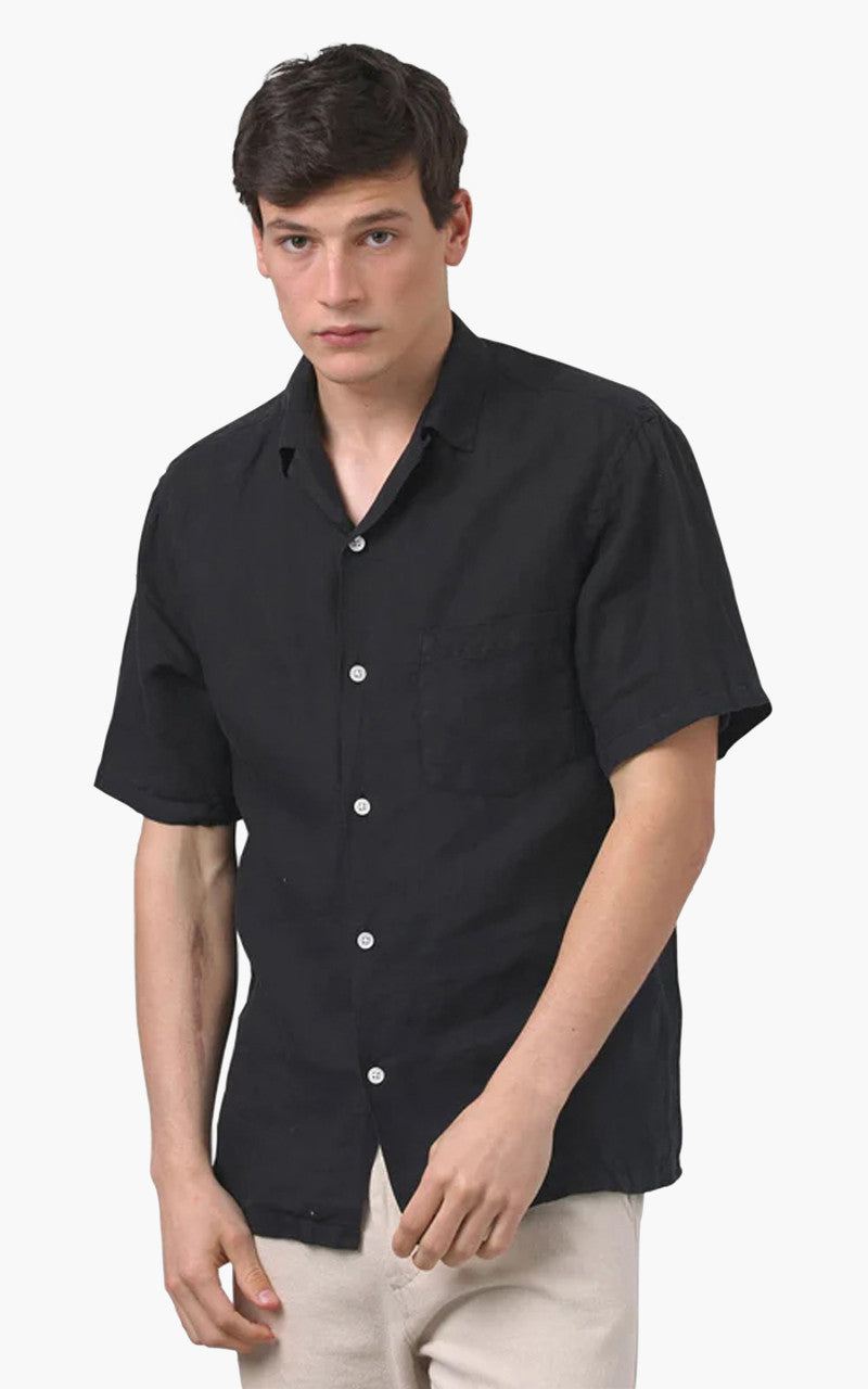 Portuguese Flannel Linen Camp Collar Shirt Black