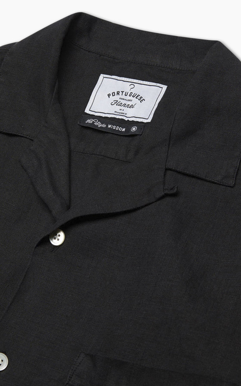 Portuguese Flannel Linen Camp Collar Shirt Black
