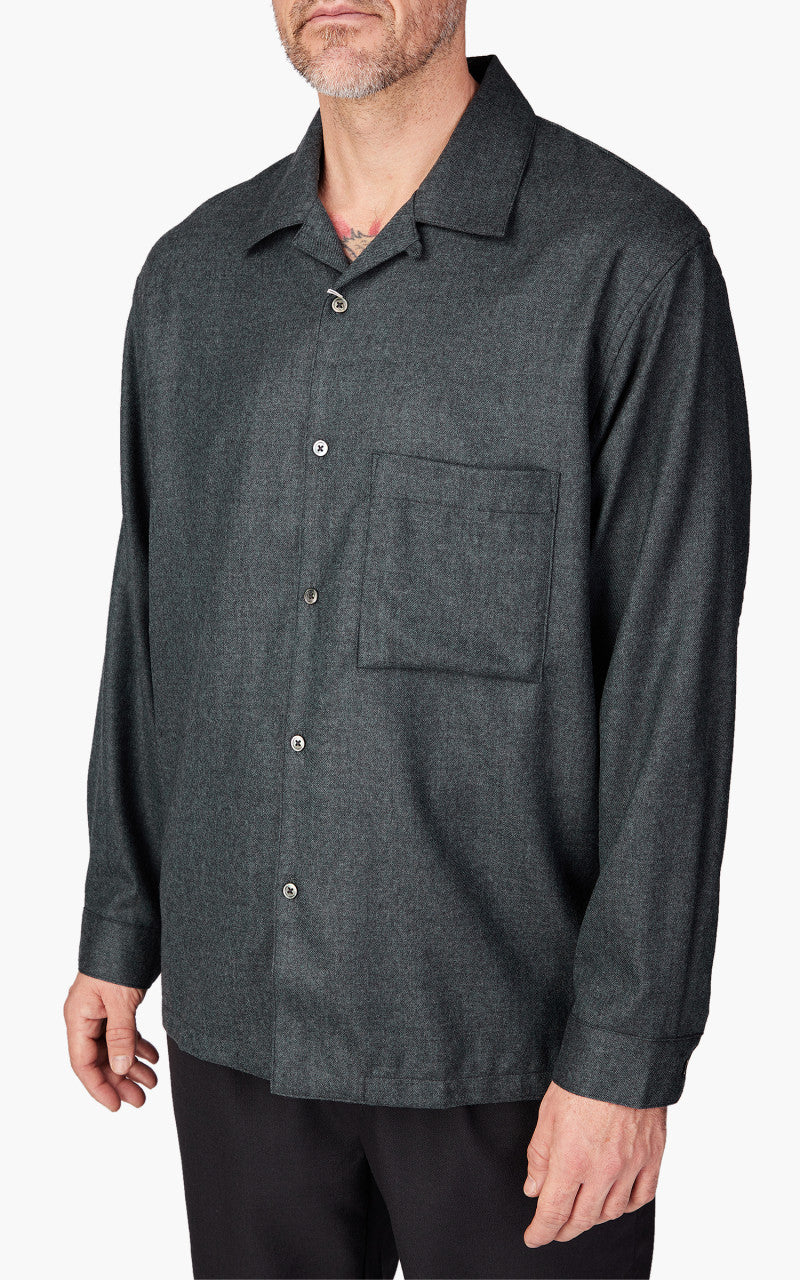 Still By Hand Open Collar Wool Shirt Blue Charcoal