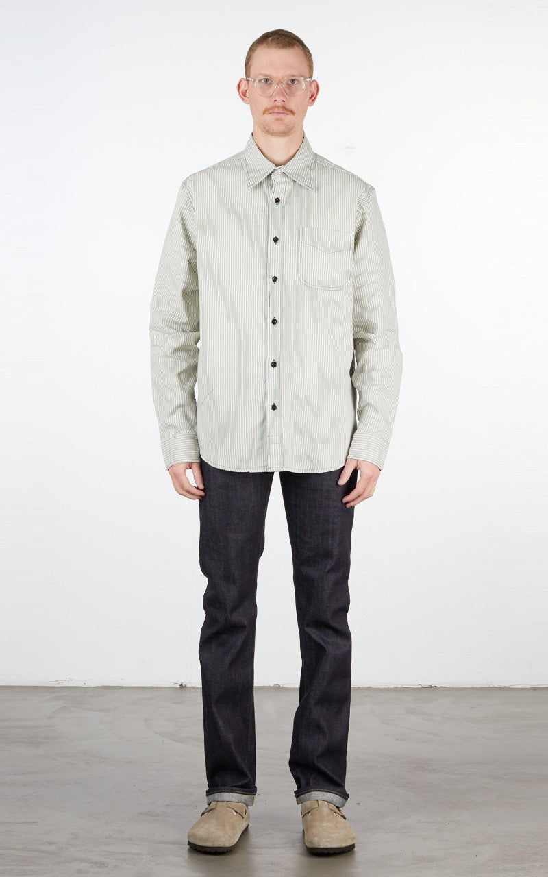 Tellason Single Pocket Shirt White Navy Stripe