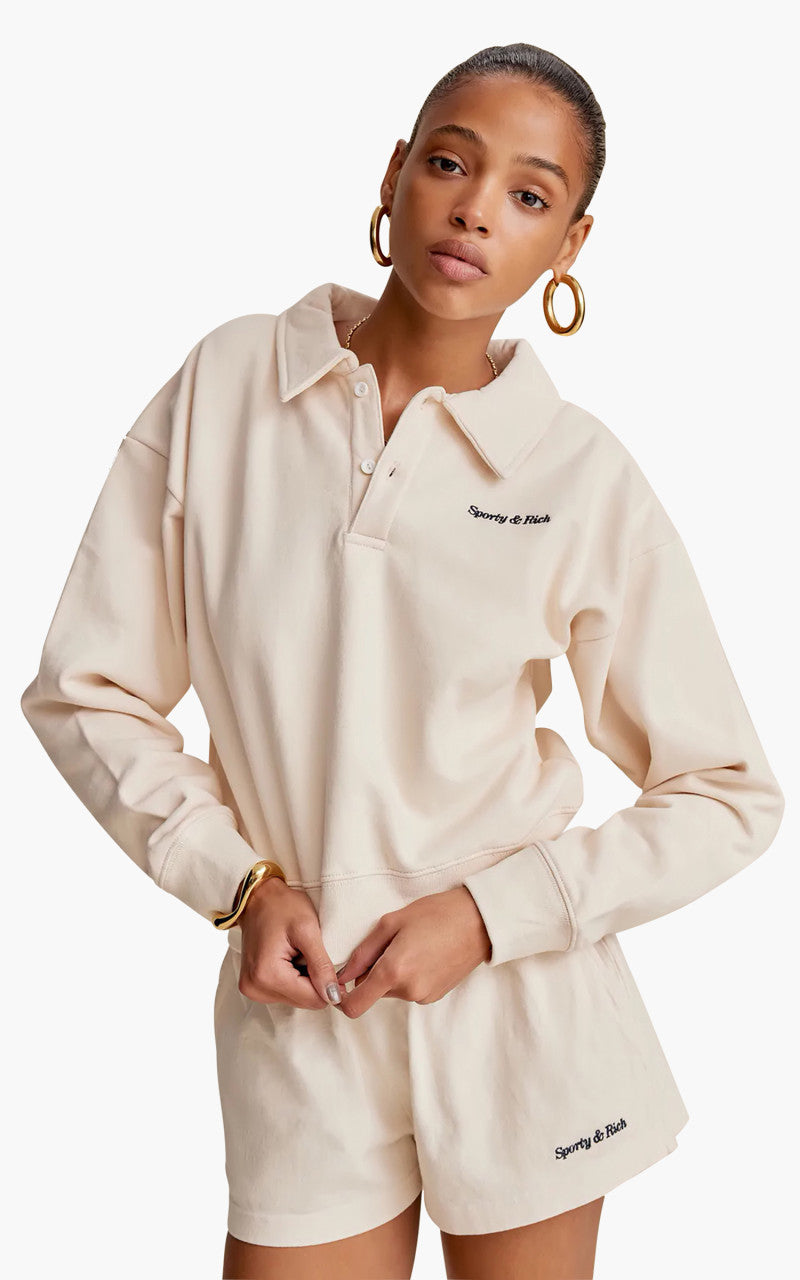 Sporty & Rich Classic Logo Embroidered Polo Cream