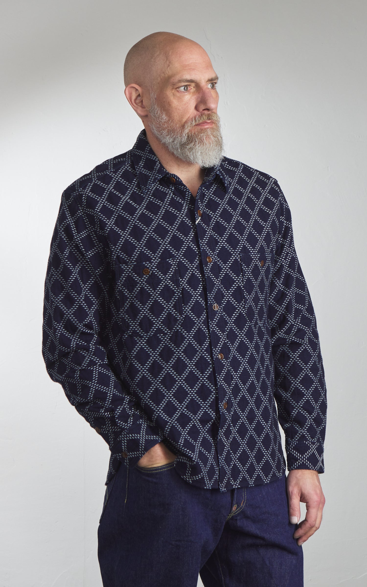 Studio D'Artisan 5728 Indigo Sashiko Dobby Work Shirt Indigo