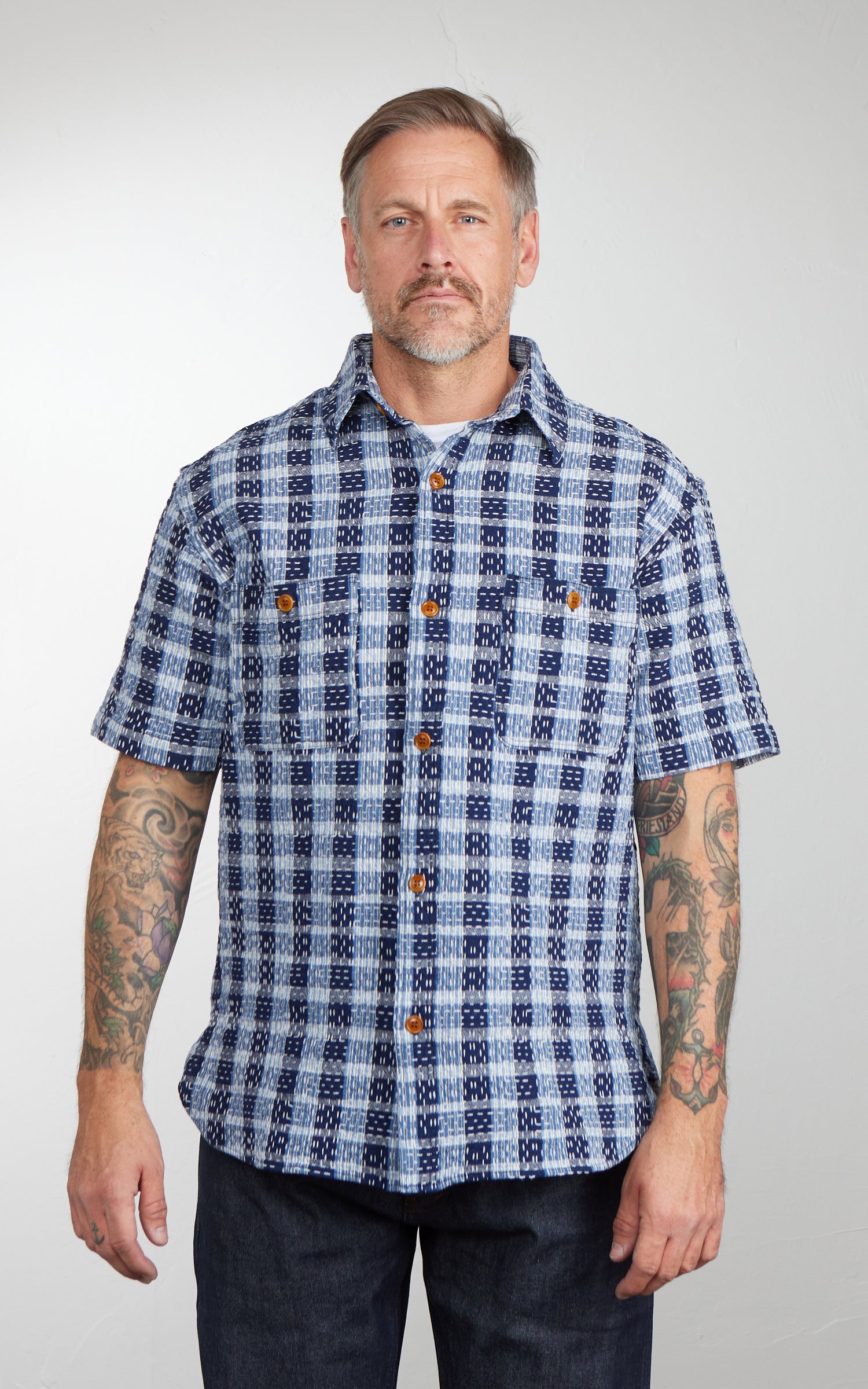 Studio D'Artisan 5738 Noragi Sashiko Short Sleeve Shirt Blue Indigo