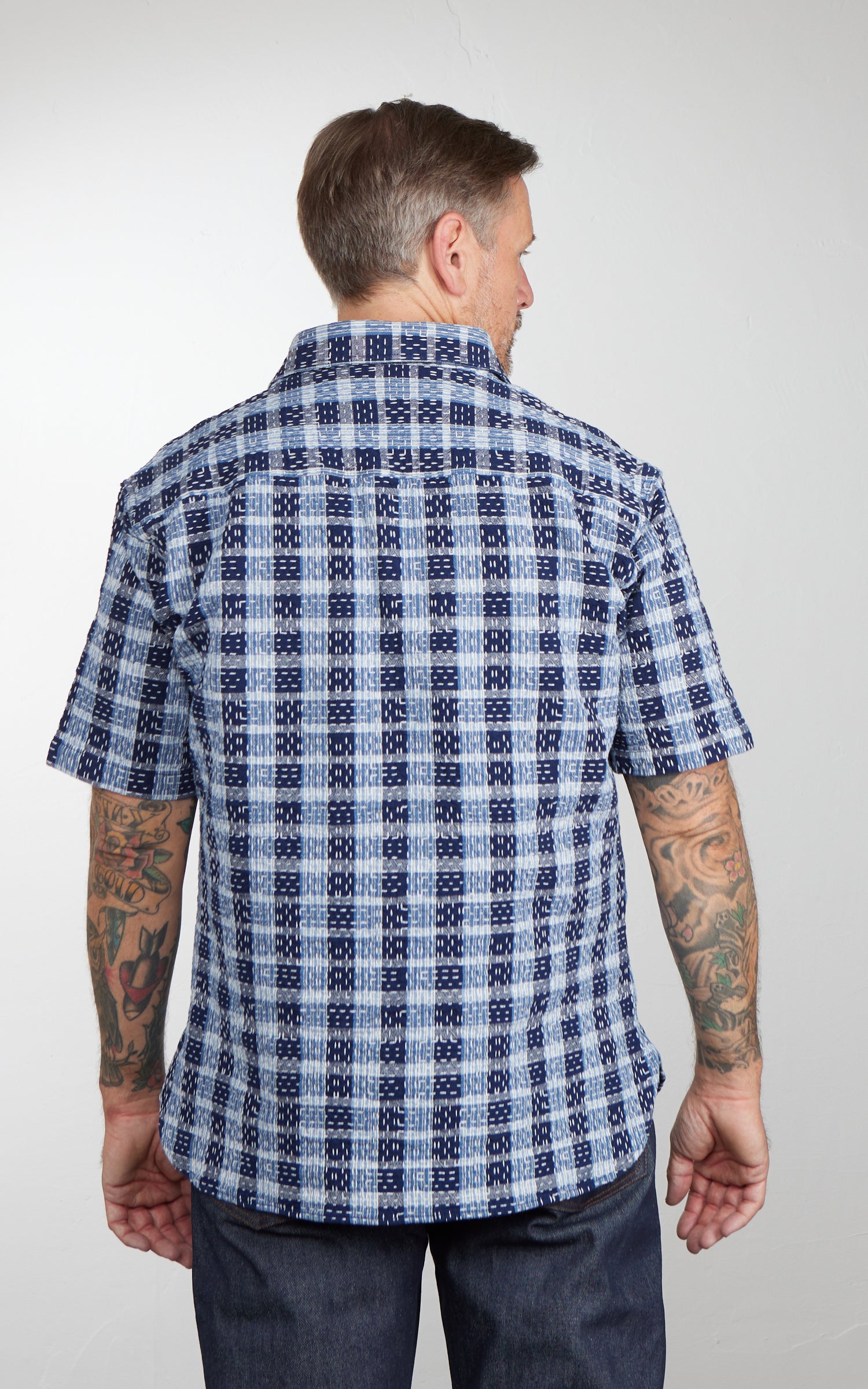 Studio D'Artisan 5738 Noragi Sashiko Short Sleeve Shirt Blue Indigo