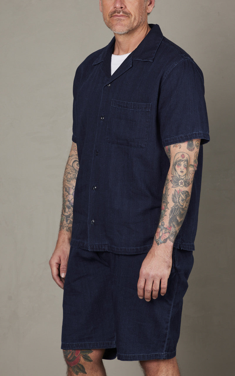 Tellason Bowling Shirt Herringbone Dyed Indigo