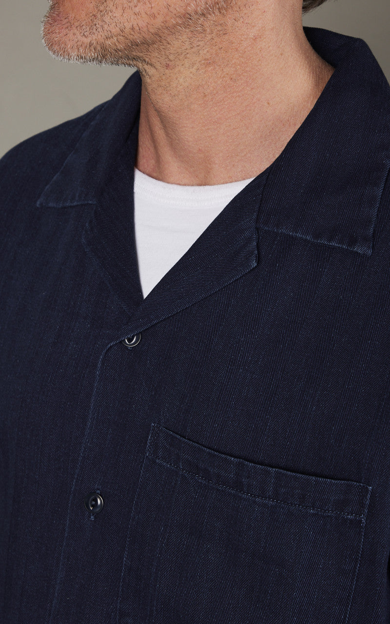 Tellason Bowling Shirt Herringbone Dyed Indigo