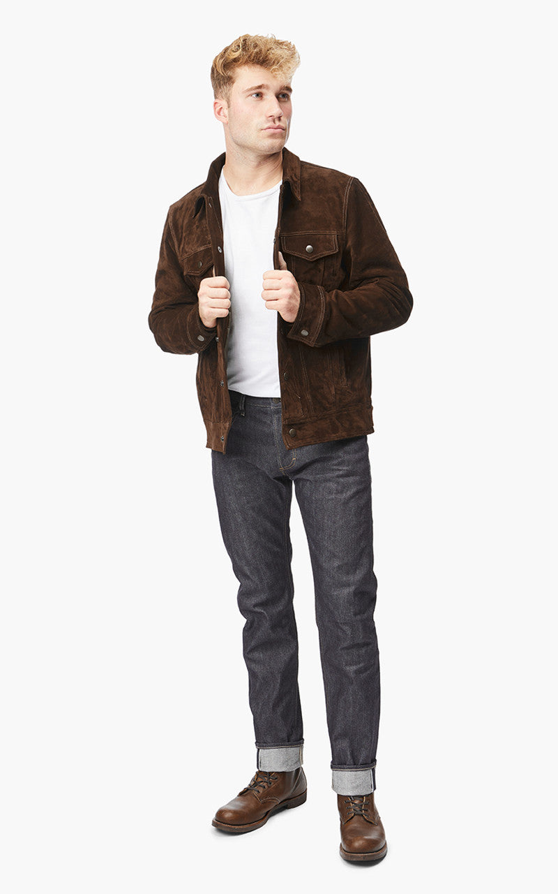 Tellason Suede Trucker Jacket Calf Split Silky Dark Brown