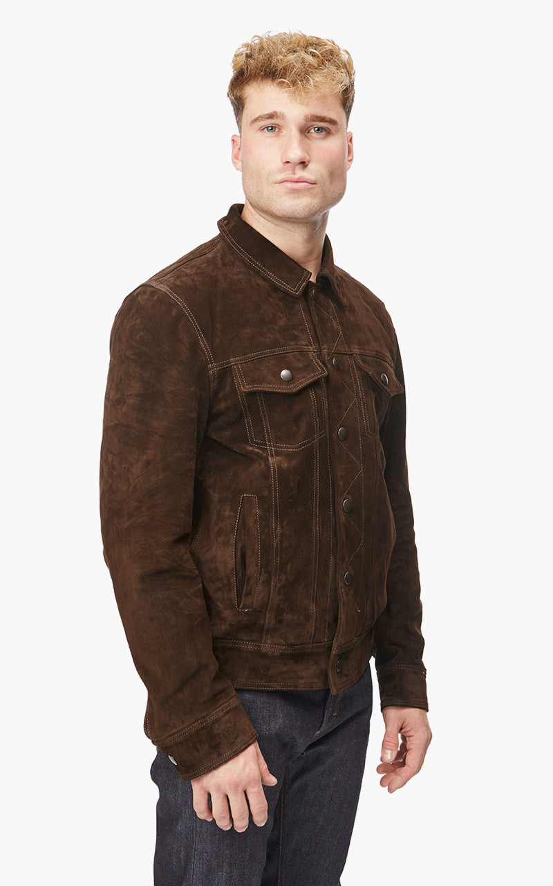 Tellason Suede Trucker Jacket Calf Split Silky Dark Brown