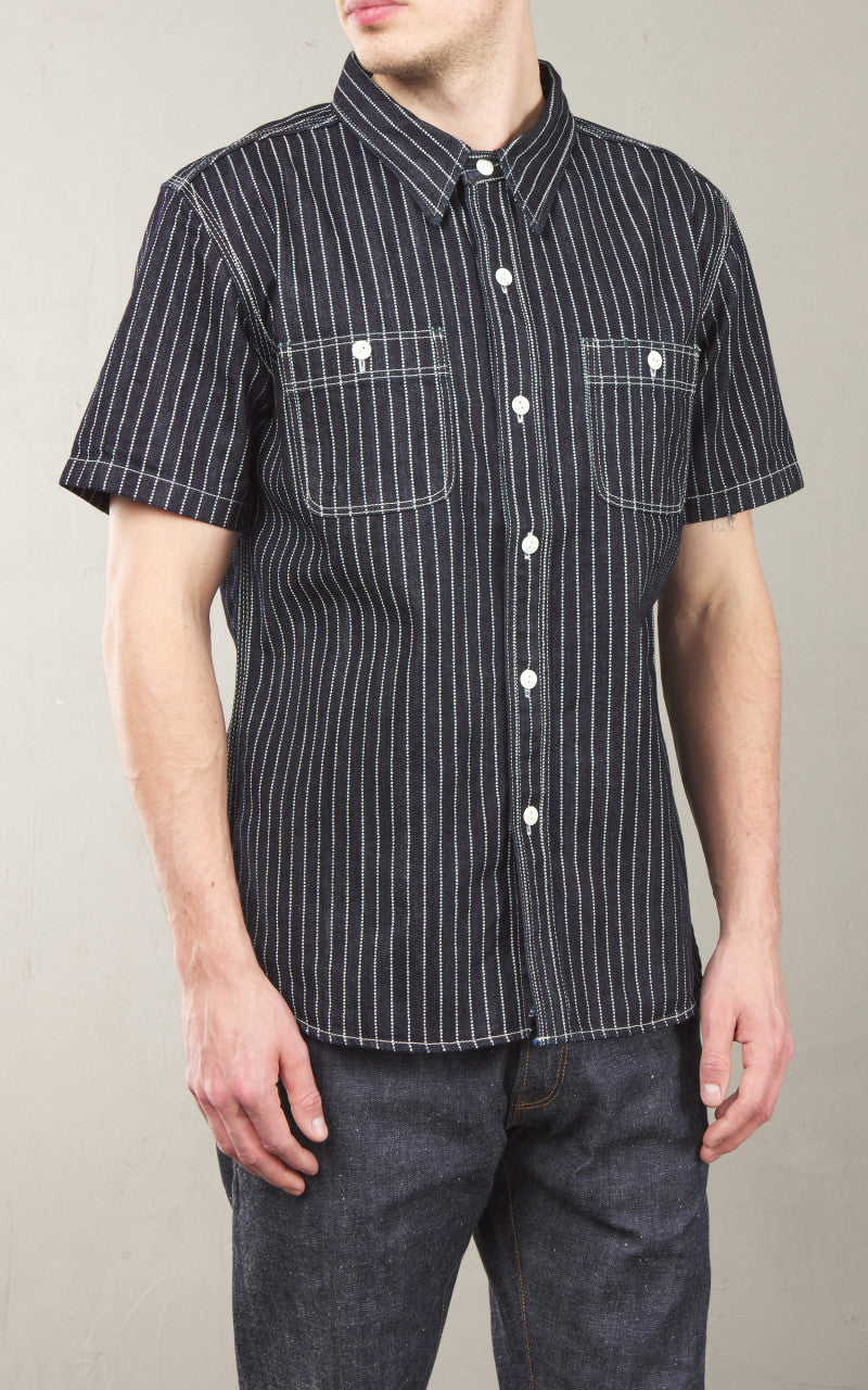 The Flat Head FN-SDK-702S Short Sleeve Denim Wabash Work Shirt Blue 10oz