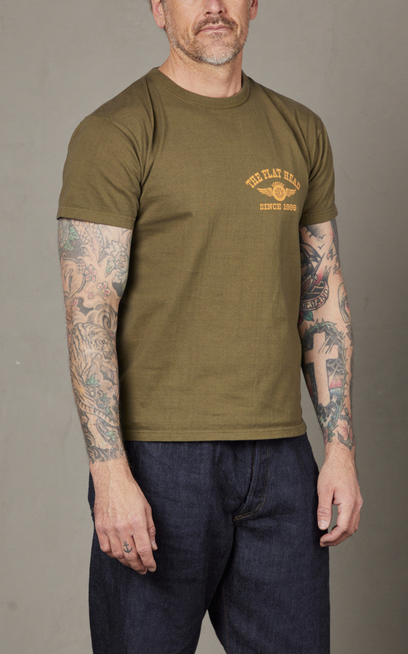 The Flat Head FN-THC-202 Flying Wheel T-Shirt Olive/Yellow