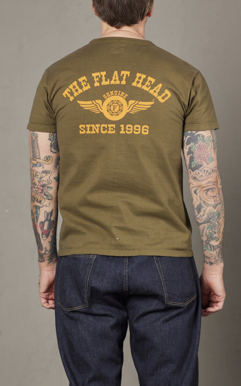 The Flat Head FN-THC-202 Flying Wheel T-Shirt Olive/Yellow