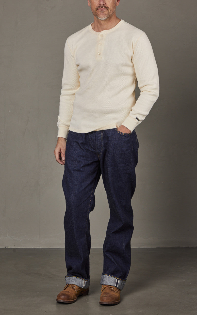 The Flat Head FN-THLH-003 Thermal L/S T-Shirt Henley Neck Ivory
