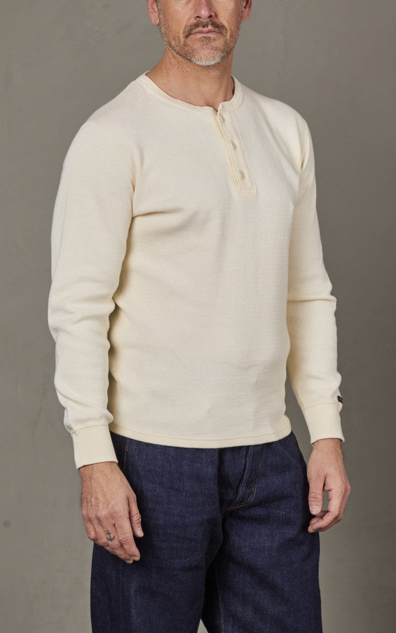 The Flat Head FN-THLH-003 Thermal L/S T-Shirt Henley Neck Ivory