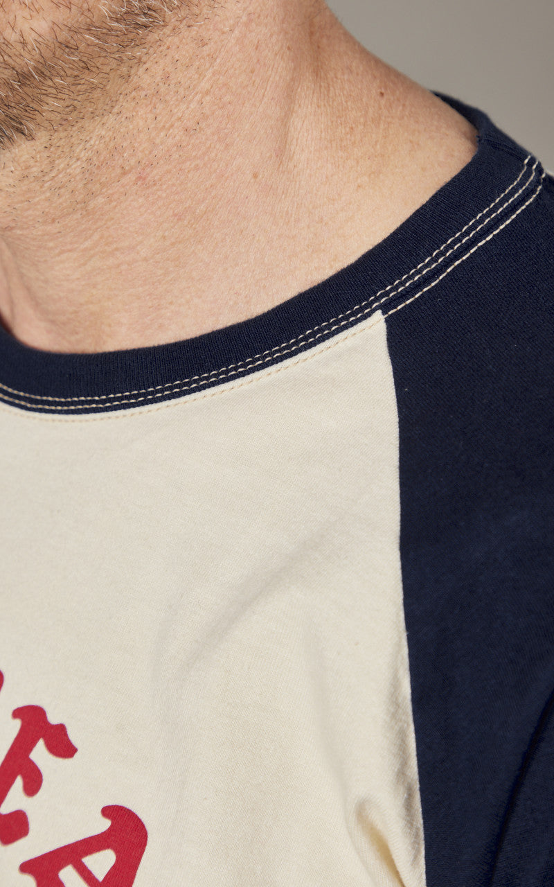 The Flat Head FN-TSRB-002 Raglan Qaurter Sleeve Tiger T-Shirt Ivory/Navy