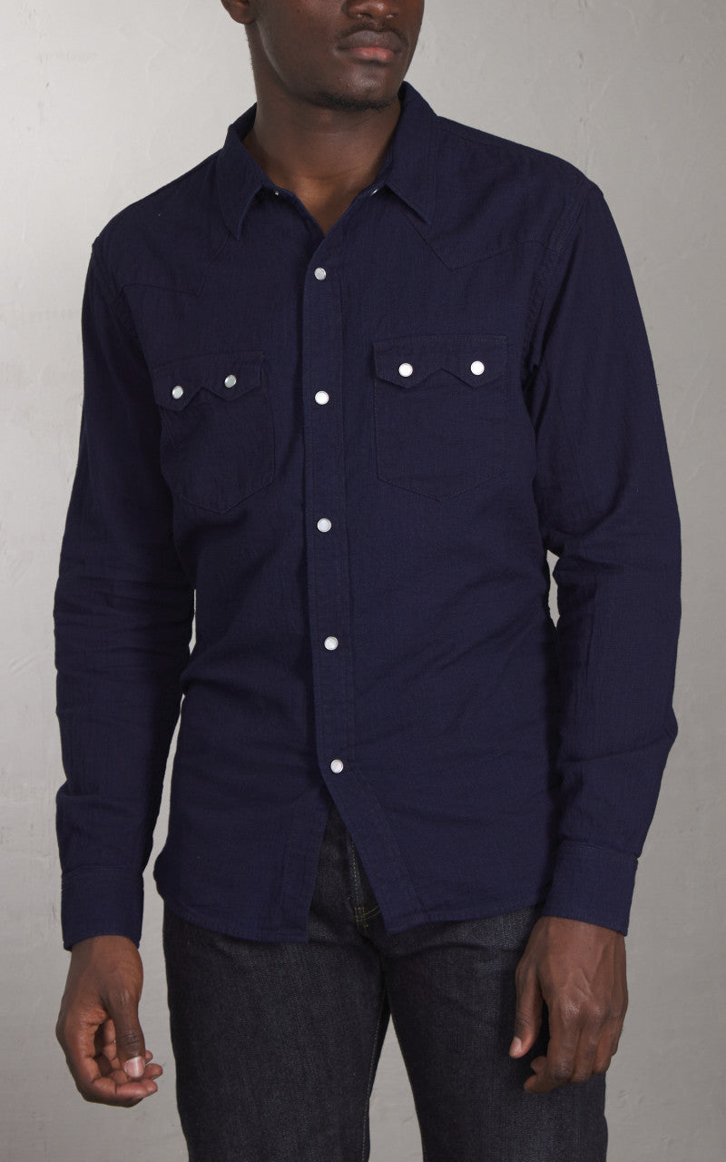 The Flat Head FN-SCW-002L Indigo Dobby Western Shirt Blue