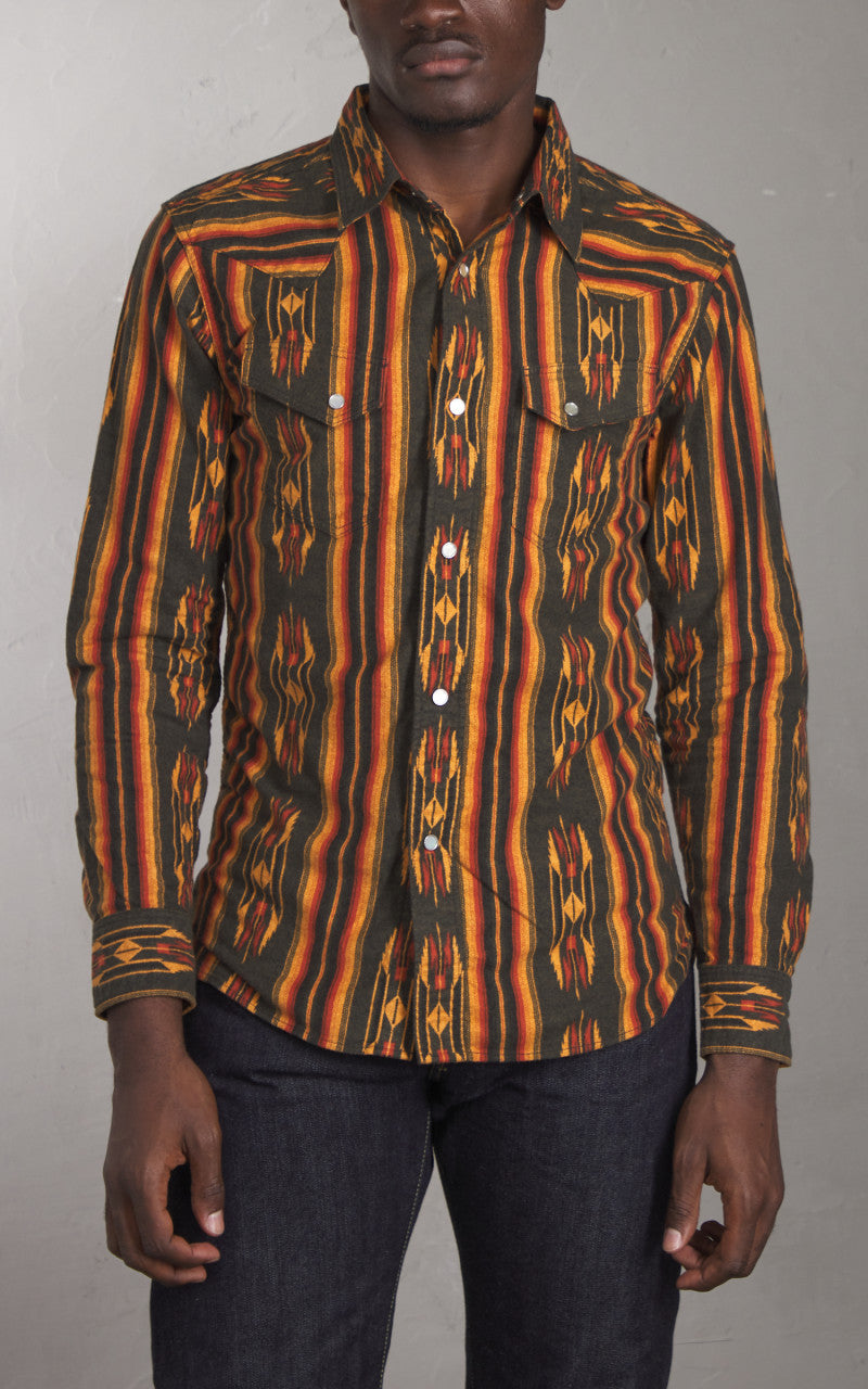 The Flat Head FN-SCW-018L Native Border Striped Flannel Western Shirt Black
