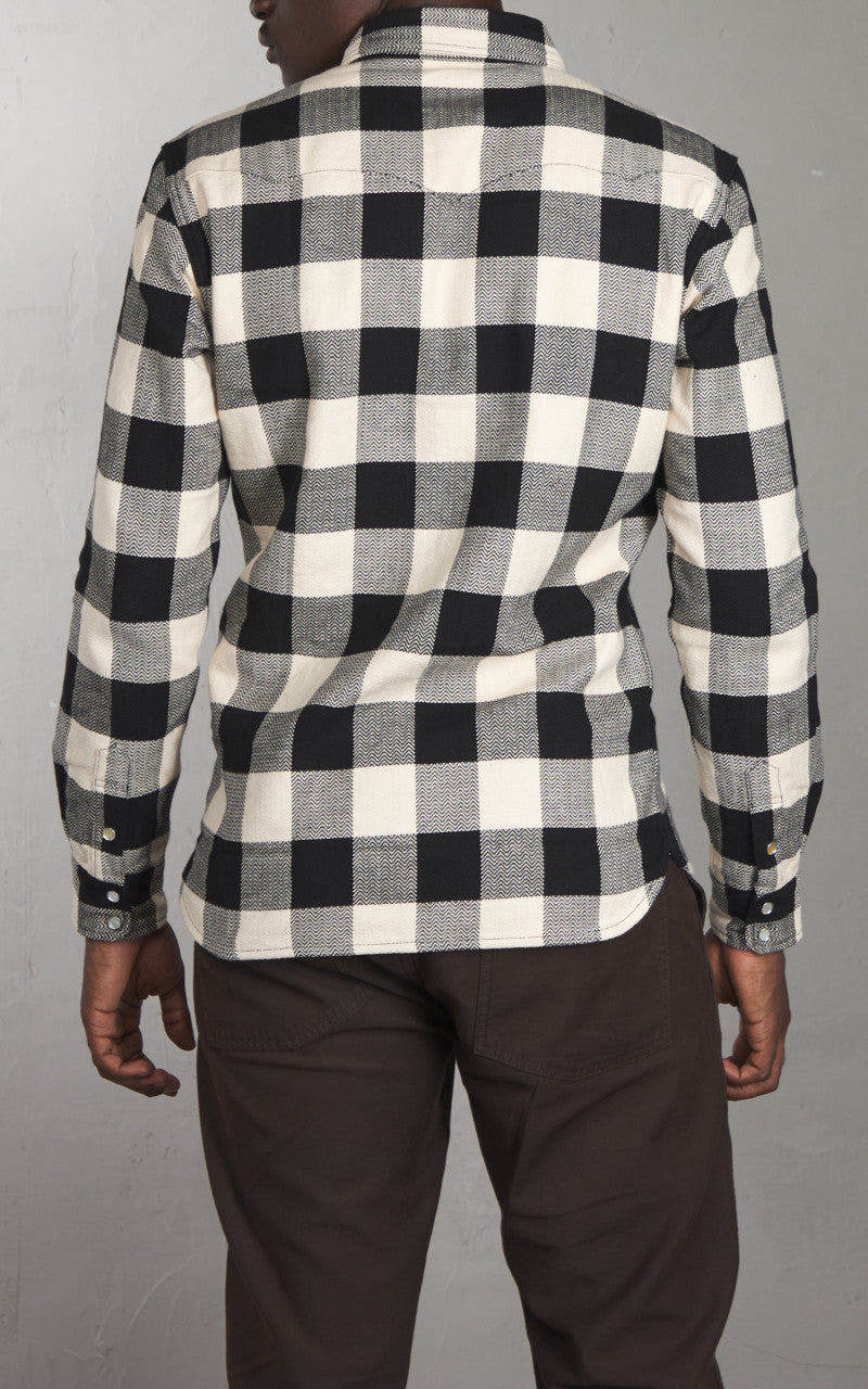 The Flat Head FN-SNW-101L Block Check Flannel Western Shirt Ivory/Black