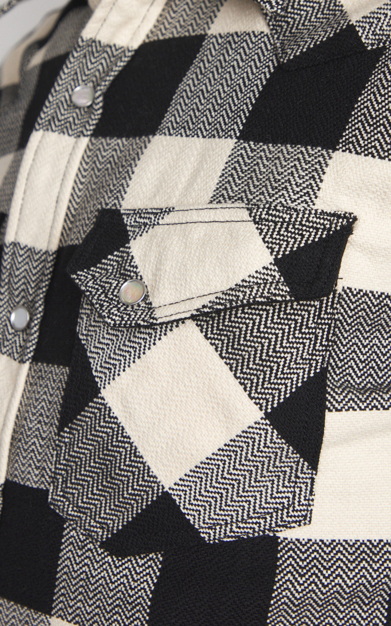 The Flat Head FN-SNW-101L Block Check Flannel Western Shirt Ivory/Black