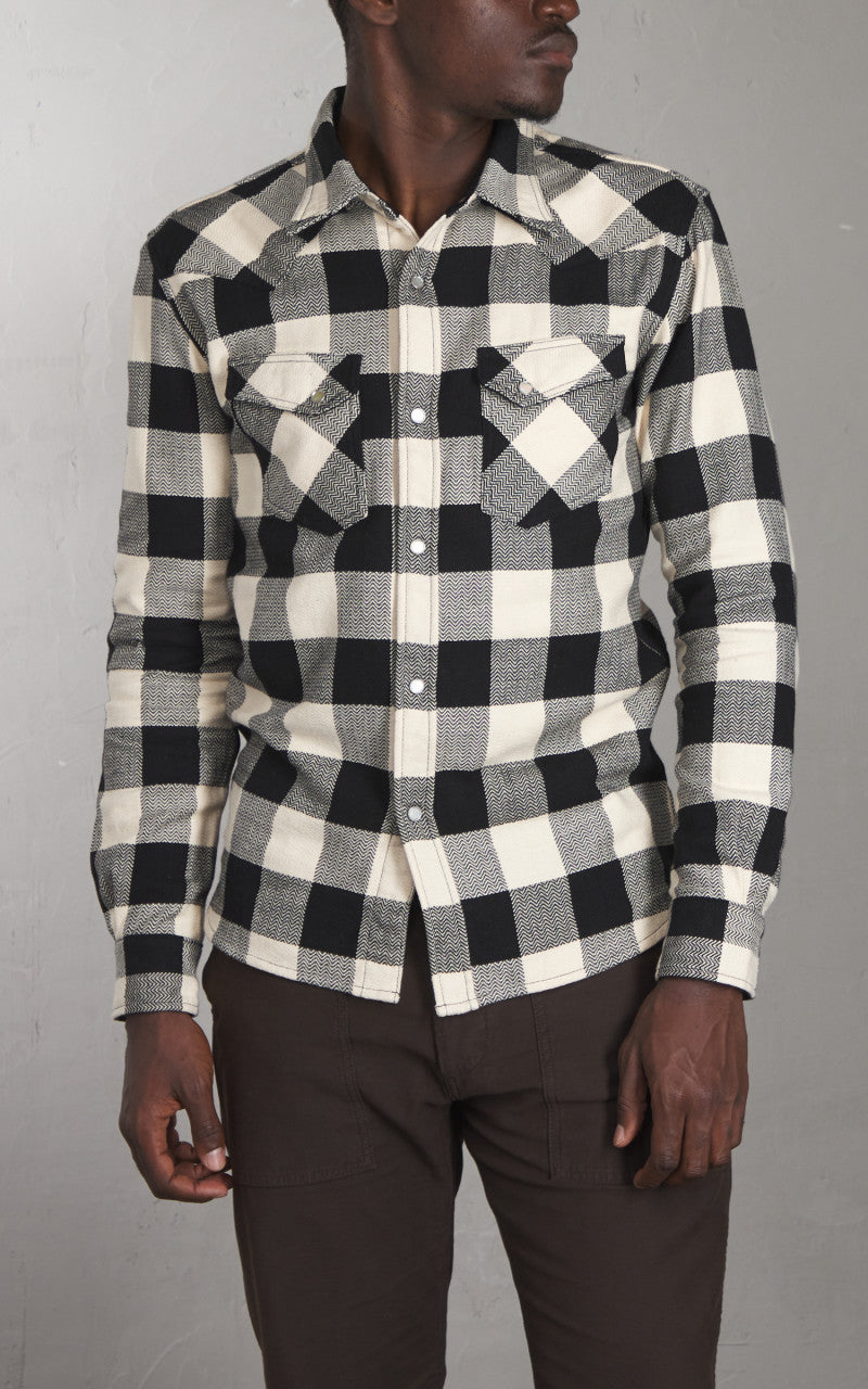 The Flat Head FN-SNW-101L Block Check Flannel Western Shirt Ivory/Black