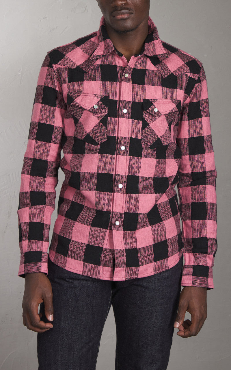 The Flat Head FN-SNW-101L Block Check Flannel Western Shirt Pink/Black