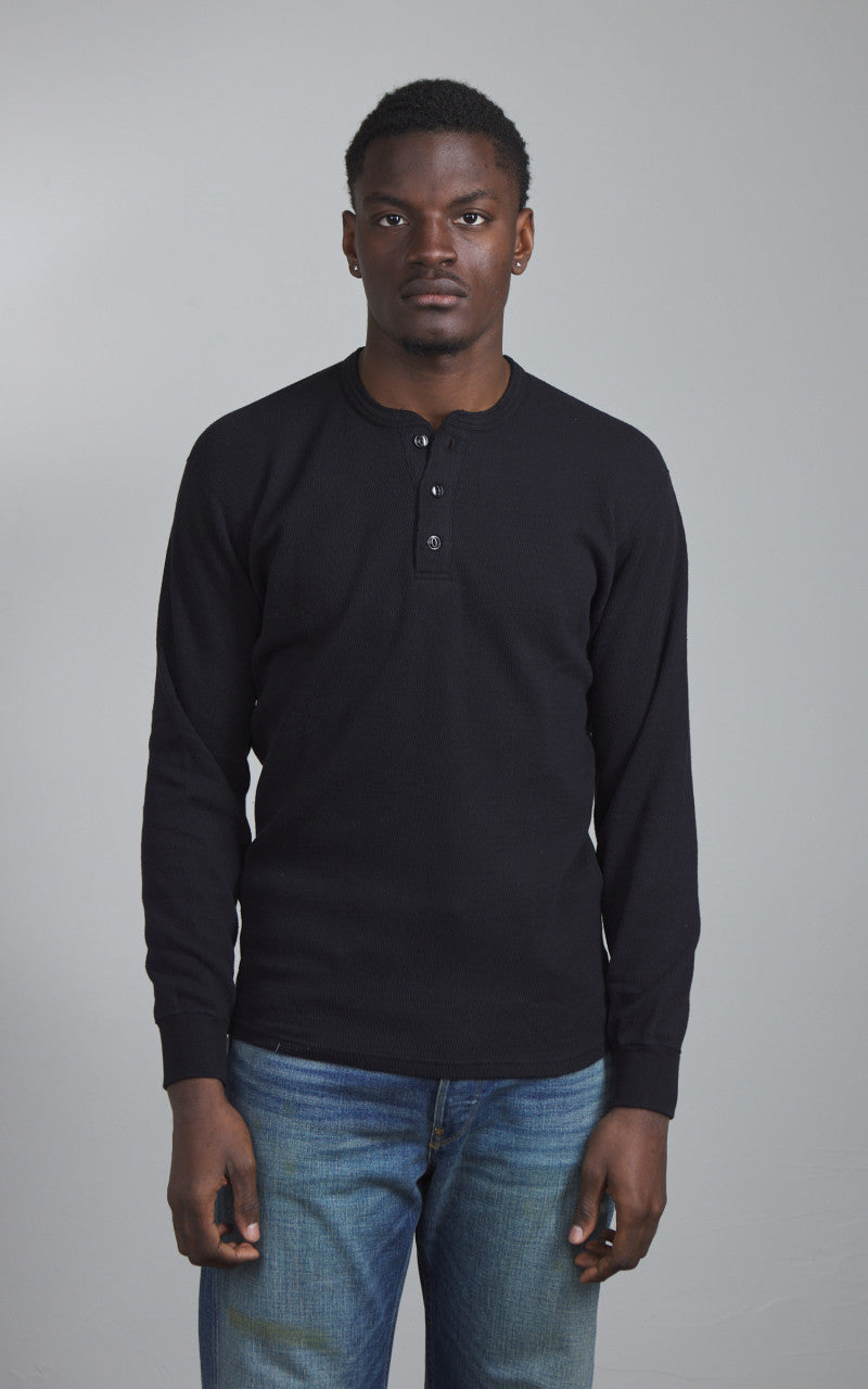 The Flat Head FN-THLH-004 Waffle Knit Henley Thermal Black