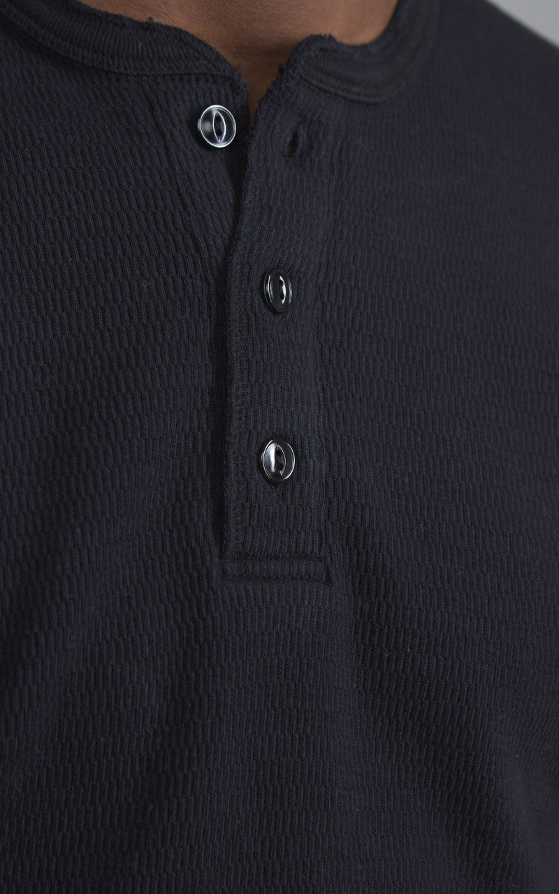 The Flat Head FN-THLH-004 Waffle Knit Henley Thermal Black