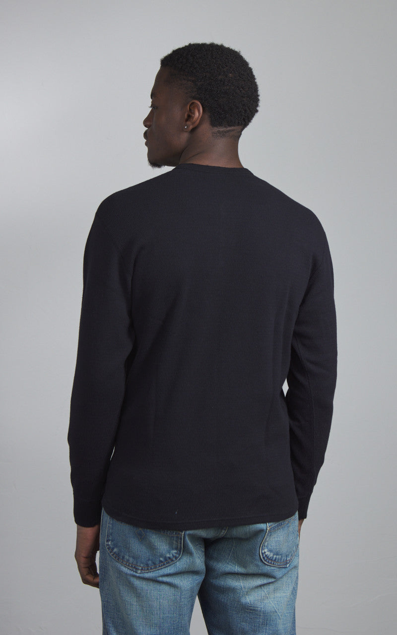 The Flat Head FN-THLH-004 Waffle Knit Henley Thermal Black
