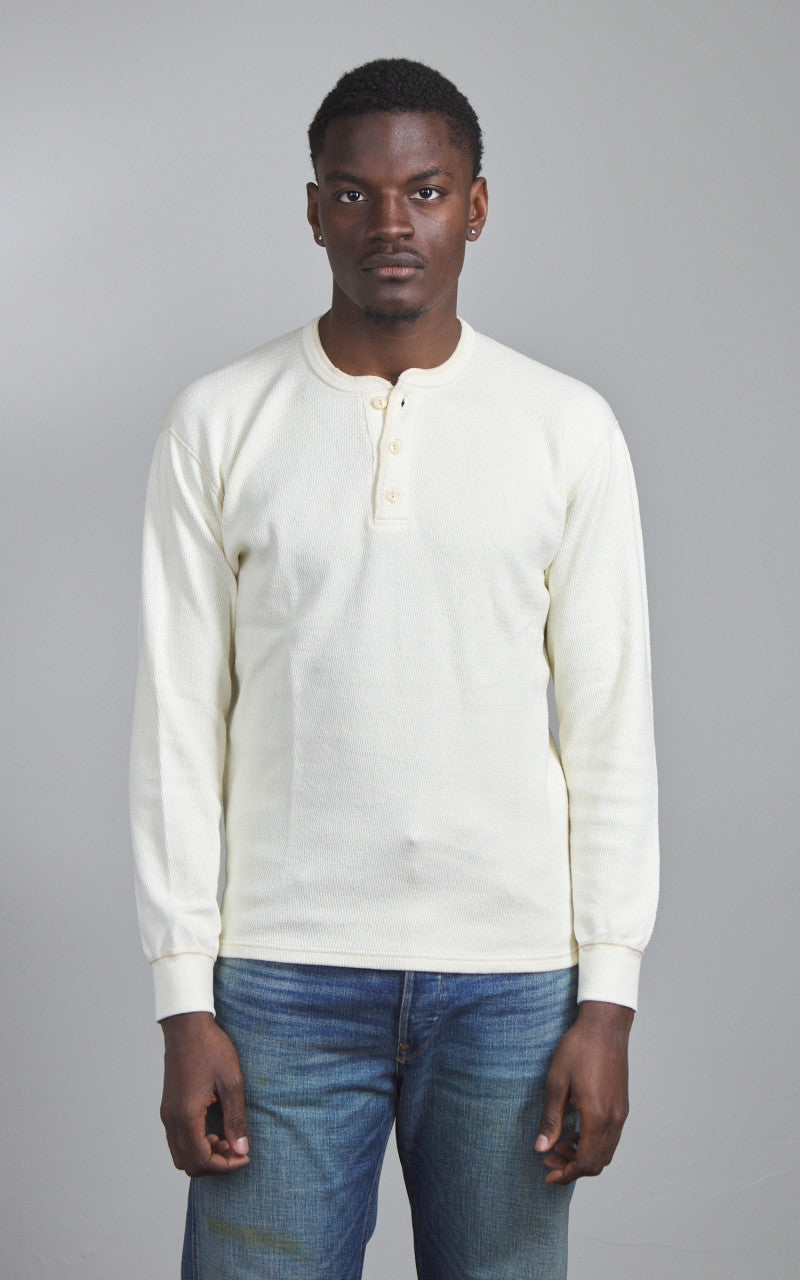 The Flat Head FN-THLH-004 Waffle Knit Henley Thermal Ivory