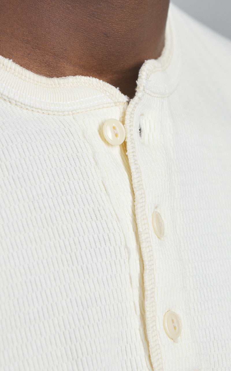 The Flat Head FN-THLH-004 Waffle Knit Henley Thermal Ivory