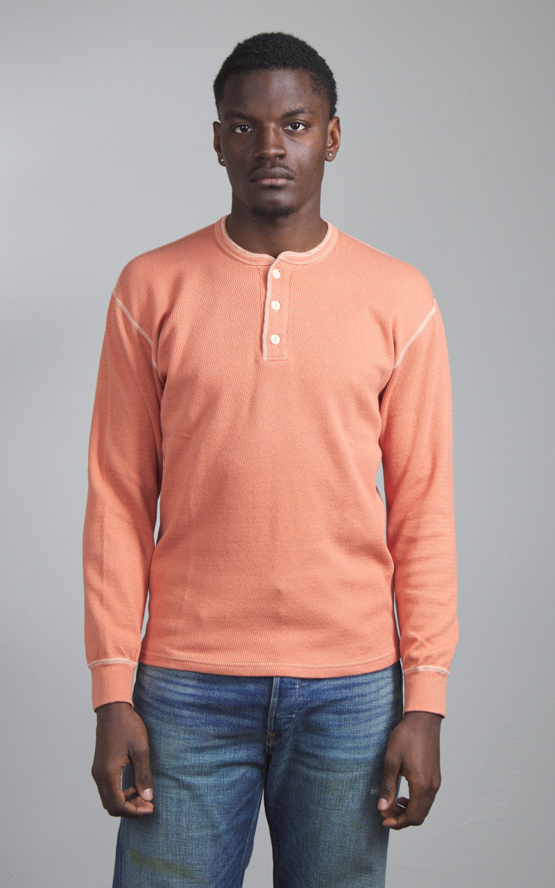 The Flat Head FN-THLH-004 Waffle Knit Henley Thermal Light Orange
