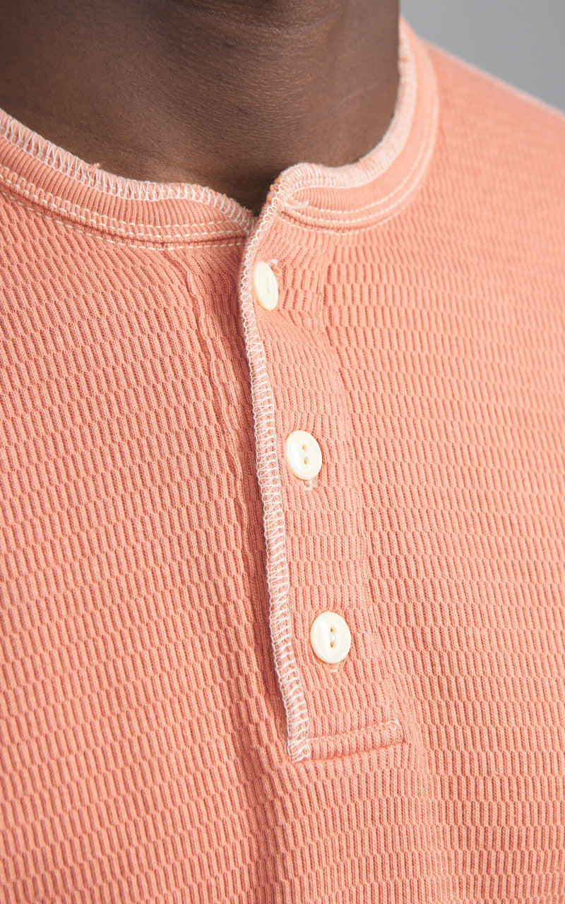 The Flat Head FN-THLH-004 Waffle Knit Henley Thermal Light Orange