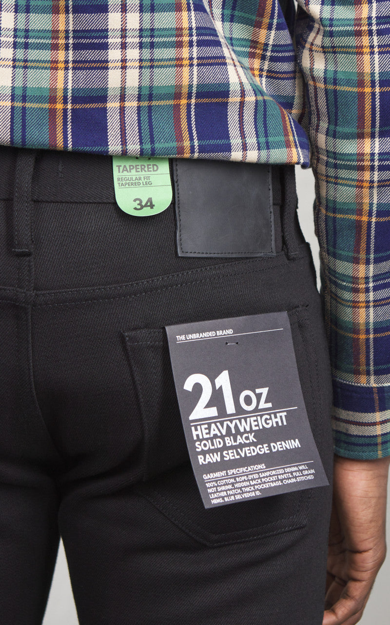 The Unbranded Brand UB242 Tapered Fit Heavyweight Solid Black Selvedge 21oz