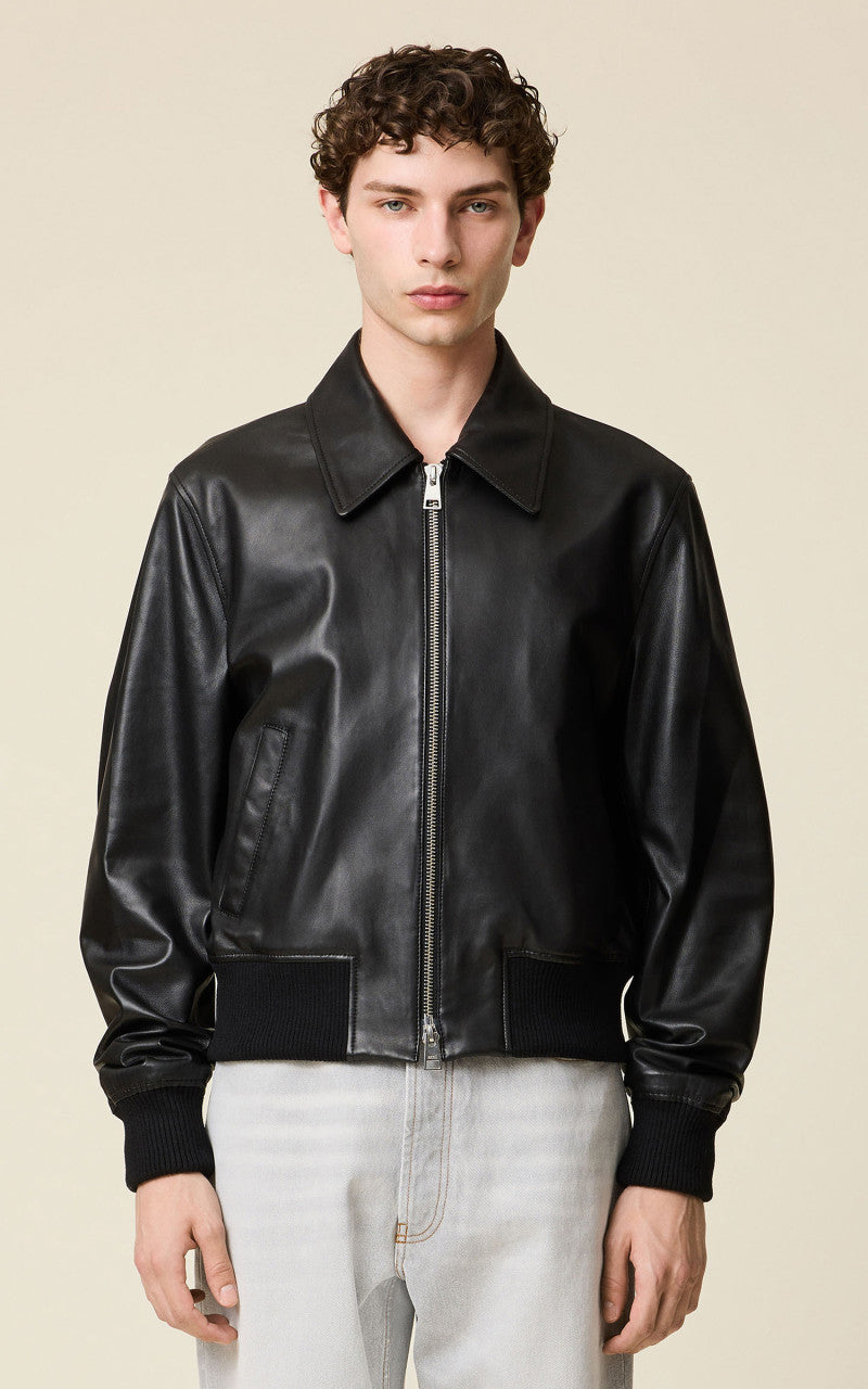 AMI Paris Zipped Leather Jacket Black