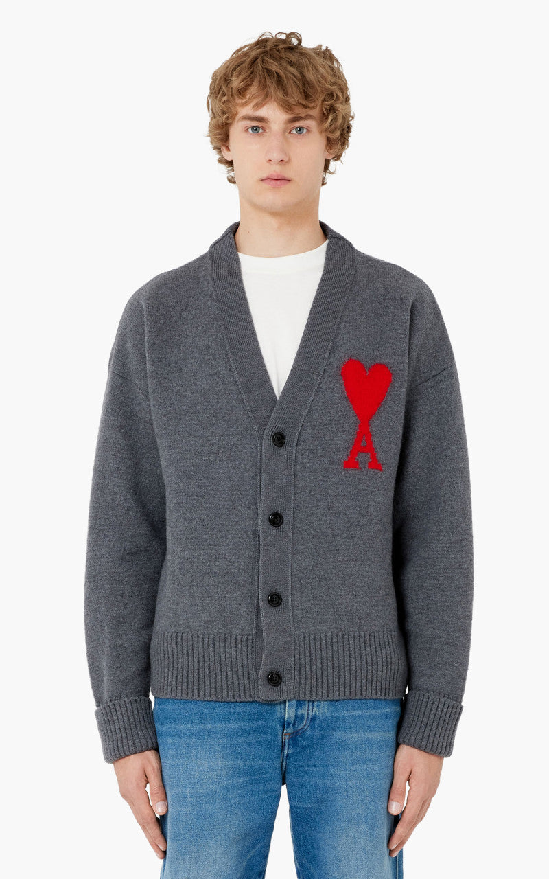 AMI Paris ADC Cardigan Heather Grey/Red