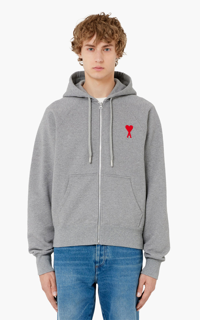 AMI Paris Tonal Zipped ADC Hoodie Heather Grey/Red