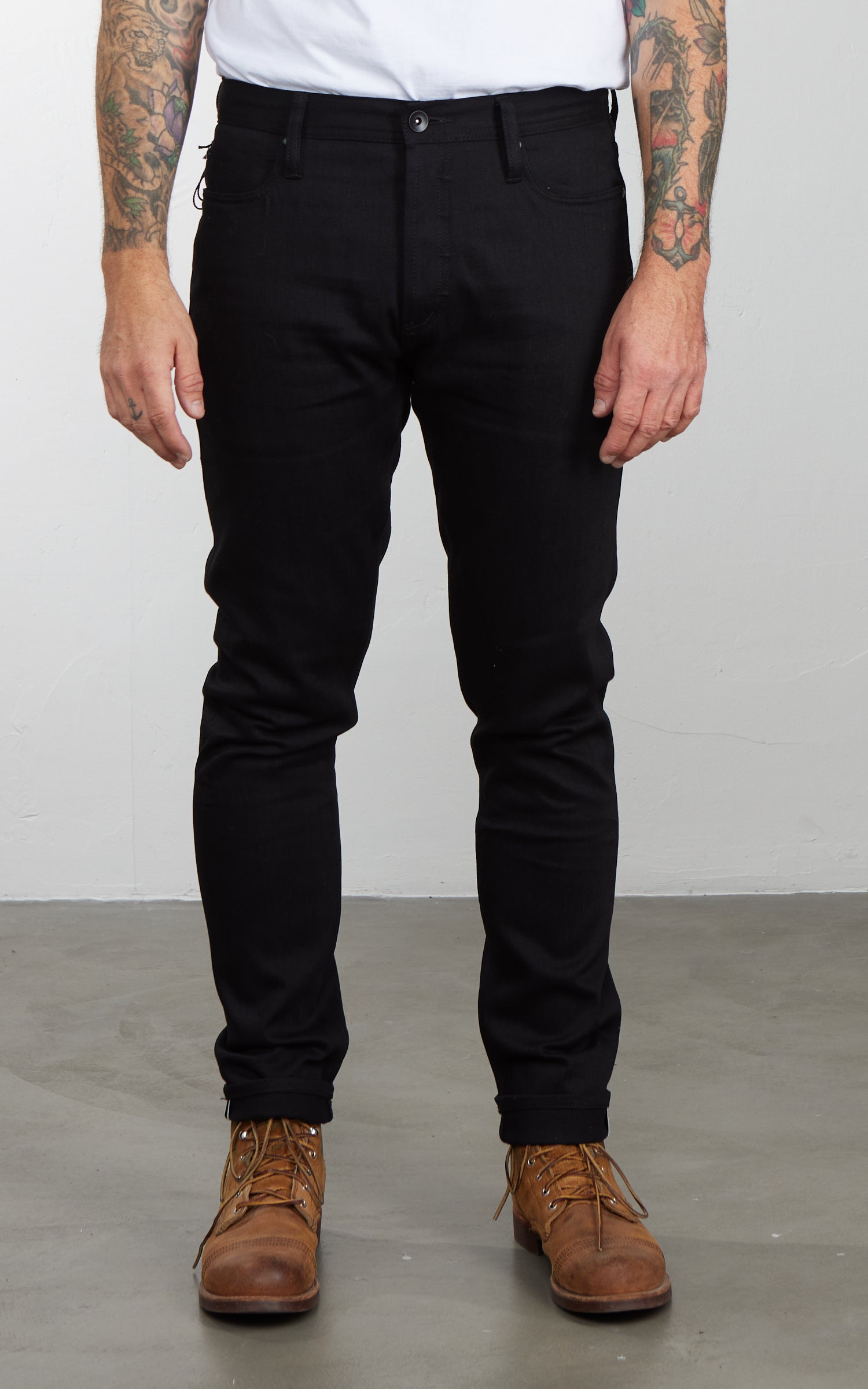 The Unbranded Brand UB144 Skinny Fit Solid Black Stretch Selvedge Denim 11oz