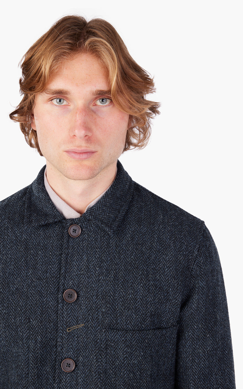 Universal Works Bakers Jacket Harris Tweed Navy Herringbone