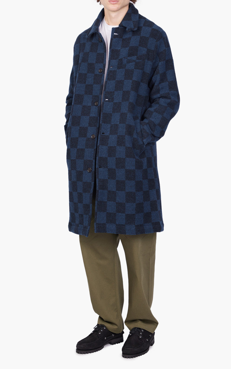 Universal Works Overcoat Checkboard Lambswool Navy