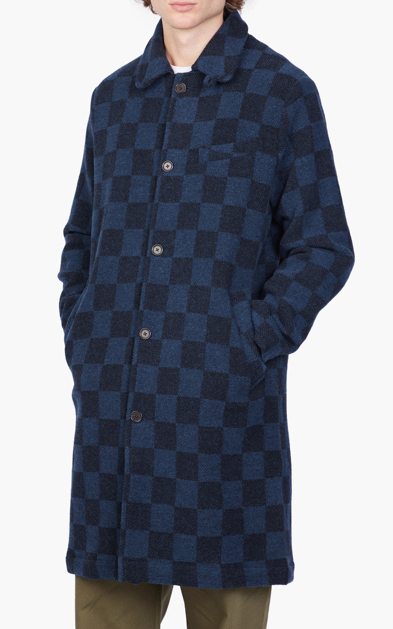 Universal Works Overcoat Checkboard Lambswool Navy