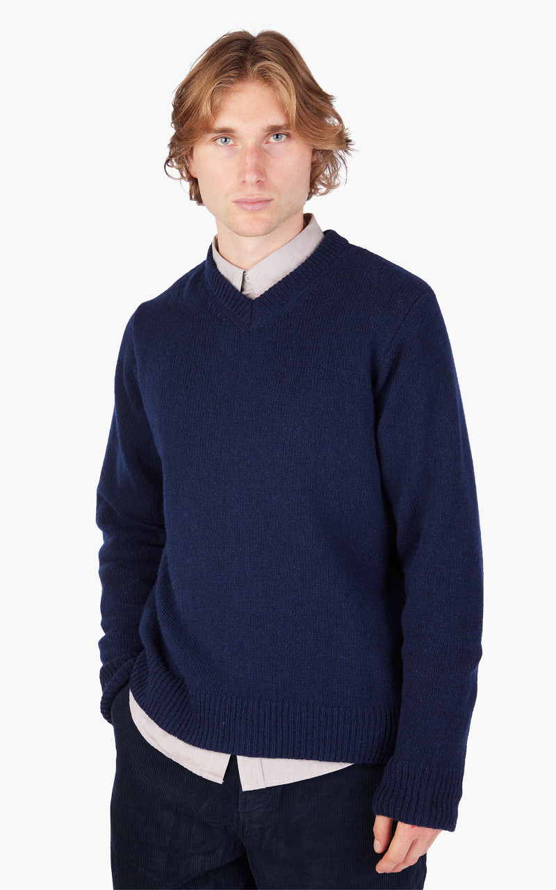 Universal Works V Neck Sweater Eco Wool Navy