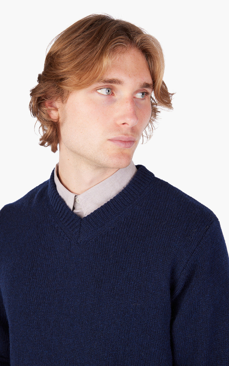 Universal Works V Neck Sweater Eco Wool Navy